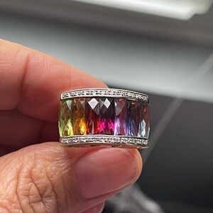 Rainbow Multicolor Gemstones 18kt YG Band Ring With Diamond Accents Sz 7